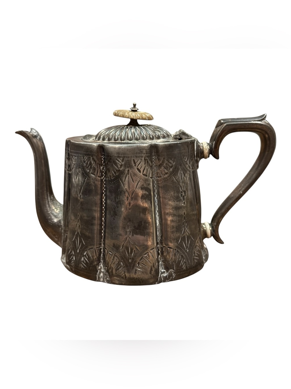 Antique silver tone engraved embossed teapot